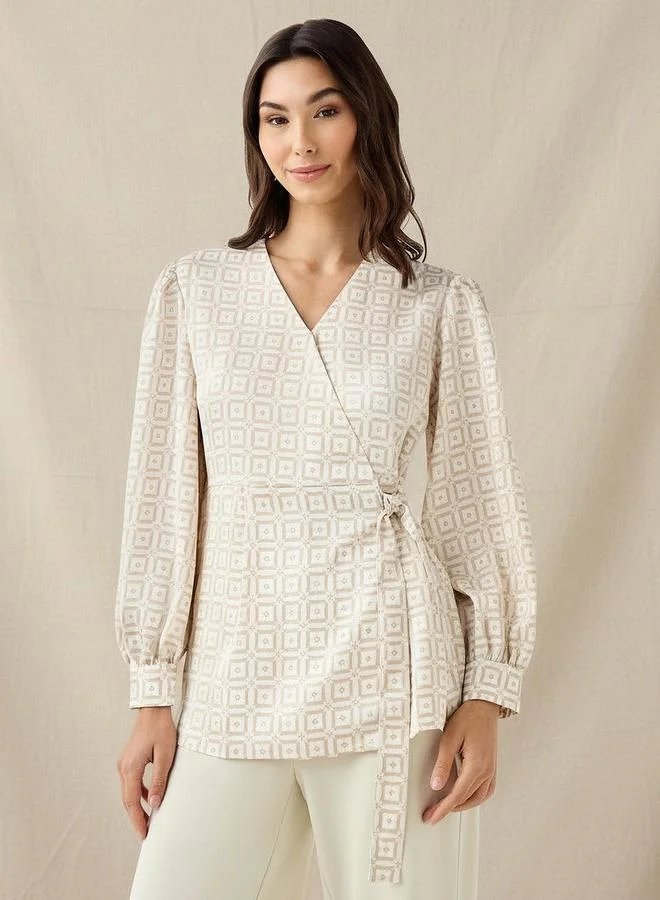 Iconic Iconic Regular Fit Wrap Top with Geometric Print